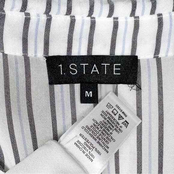 1. State White Pinstripe Tie Waist Asymmetrical High Low Short Sleeve Shittdress - Picture 12 of 12